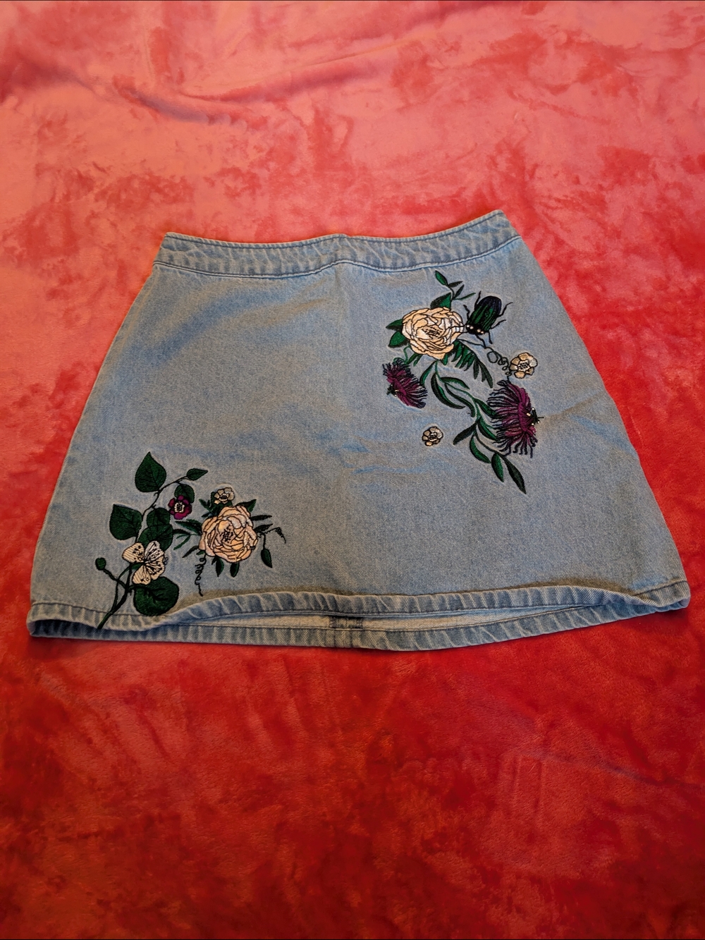 H&M Light Blue Denim Mini Skirt with Floral Embroidery